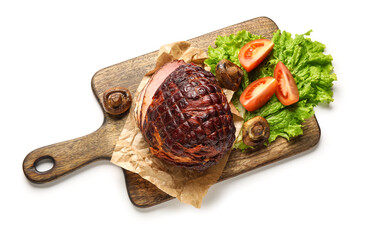 Wooden board with tasty smoked ham and grilled mushrooms isolated on white background