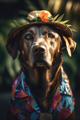 Adorable Character Design of a friendly Labrdor Dog wearing a Hawaiian Shirt, a Floral Wreath an a Straw Hat, outdoor portrait, generative AI  