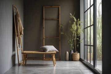 Bamboo frame on grey wall in stylish hallway. Generative AI