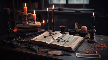 Fototapeta na wymiar A book about potions and spells on a wizard's desk. - game scenario