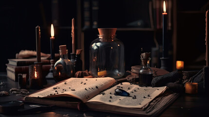 Fototapeta na wymiar A book about potions and spells on a wizard's desk.