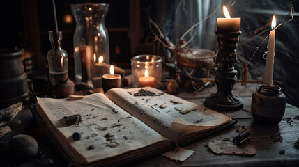 Fototapeta na wymiar A book about potions and spells on a wizard's desk. - game scenario