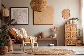 Cozy living room decor with mock up poster frame, boho stool, rattan armchair, partition wall, vase with dried flowers, book, and personal belongings. Template. Generative AI