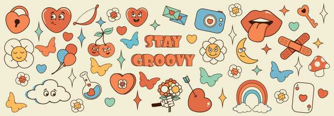 Groovy 70s love hippie set. Funny cartoon heart, rainbow, flower, camera, mushroom, chamomile, arrow, bow.Set of stickers in trendy retro psychedelic cartoon style.