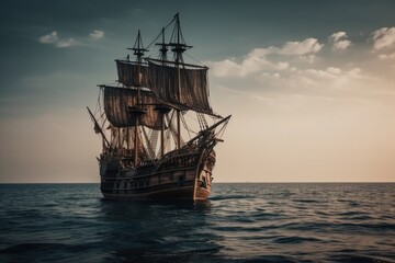 Fototapeta premium pirate ship sailing on rough seas with flags waving. Generative AI