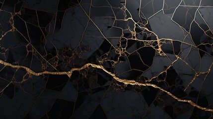 Elegant Kintsugi Art: Luminous Black Marble or Onyx Wallpaper Background in 8K created with generative ai technology