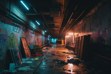 Abandoned tunnel with graffiti on the walls and trash on the ground