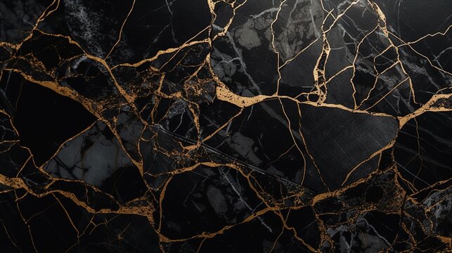 Elegant Kintsugi Art: Luminous Black Marble or Onyx Wallpaper Background in 8K created with generative ai technology