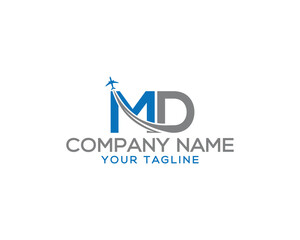 Letter MD with plane and airline unique logo design. Tourism, travel, airways identity and flight company creative vector icon.