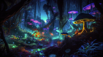 Vibrant Night Forest with Colorful Glowing Plants and Bright Shining Mushrooms, generative ai