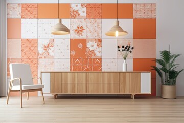 White orange Japanese living room. Wooden dresser with wall mockup. Wallpaper, parquet. Interior design, panorama,. Generative AI