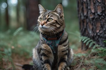 Fototapeta premium A domestic cat with a harness walks on the street under a Christmas tree in the grass during the summer. Generative AI