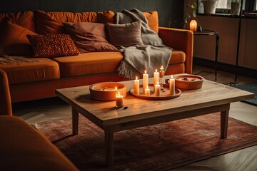 Orange candle on wooden coffee table in pleasant living room. Generative AI
