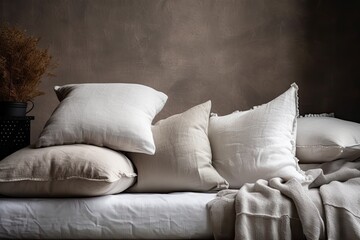 Pillows and cushions on crumpled bed against textured wall with copy space. Light boho stylish bedroom with natural material bedding and empty backdrop. Generative AI