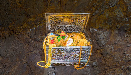 treasures jewels in a casket for background