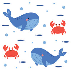 Seamless pattern with cute underwater inhabitants. Creative children's background. Ideal for baby clothes, fabric, textile, nursery decoration, wrapping paper. Vector illustration. Whale, fish, crab