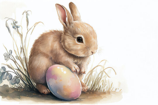 Easter bunny rabbit and a colourful egg with a pastel watercolour effect which is useful for a greeting card in spring, computer Generative AI stock illustration image