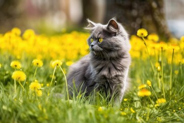 Naklejka na ściany i meble Sitting on a field of yellow dandelion flowers is a fluffy gray kitty. Generative AI