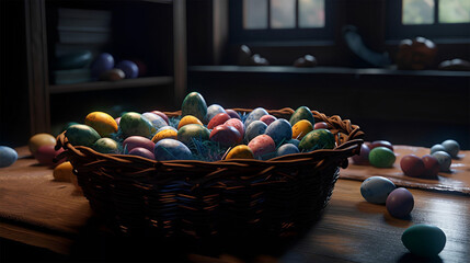 easter eggs in a basket festive background for decorative design generative ai