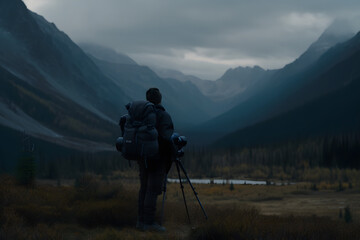 Fototapeta premium Ein Rucksacktourist steht vor einer atemberaubenden Bergkulisse und einem malerischen Fluss, der sich durch die Landschaft schlängelt. Die Sonne geht hinter den Bergen unter.