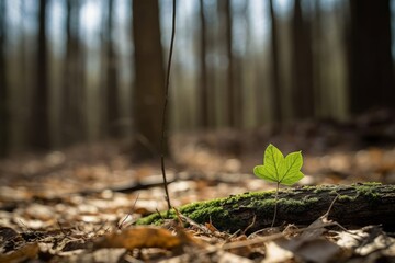 A log on the forest floor with a green leaf emerging from the ground. Spring time.