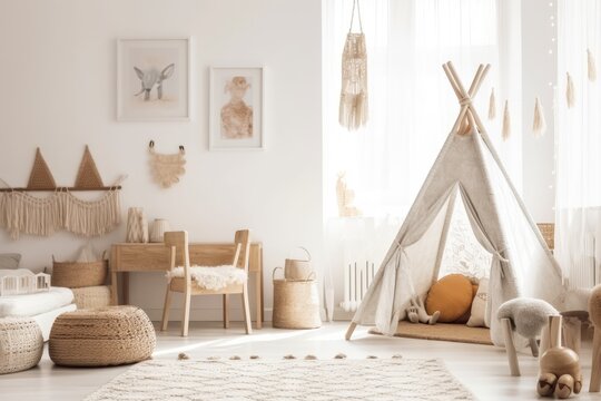 White kid room wall. Scandi boho interior mockup. Picture poster space. Console, rattan chair, toys, macrame. Baby friendly room. Generative AI