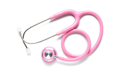 Fototapeta premium Pink stethoscope isolated on white background, medical instrument for healthcare, doctor examination, nursing, pediatric care and hospital diagnosis concept