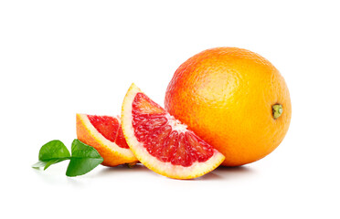Tasty cut and whole blood orange fruit on white background