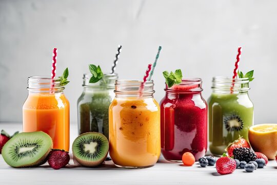 Healthy fresh fruit and vegetable smoothies with assorted ingredients of various colors and tastes. Superfood detox and diet food concept. AI generative