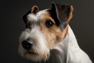 Fox Terrier dog sits frontally and makes an attentive oblique head movement. Generative AI