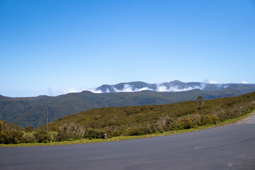 The panorama of Madeira mountains with road in foreground