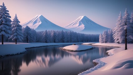 Fototapeta na wymiar Winter mountain fujiyama, frozen river, winter forest
