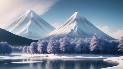 Winter mountain fujiyama, frozen river, winter forest