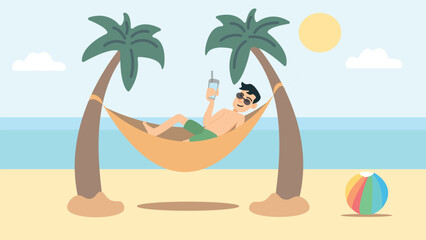 Fototapeta na wymiar Young laying on the hammock and drinking cocktail in the beach stock illustration