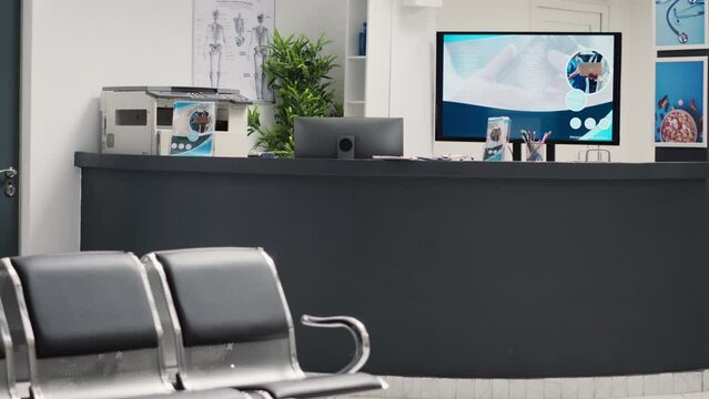 Hospital reception counter in hallway and waiting room, medical checkup examination in health care clinic. Waiting area with seats at clinical diagnostic center, emergency service.