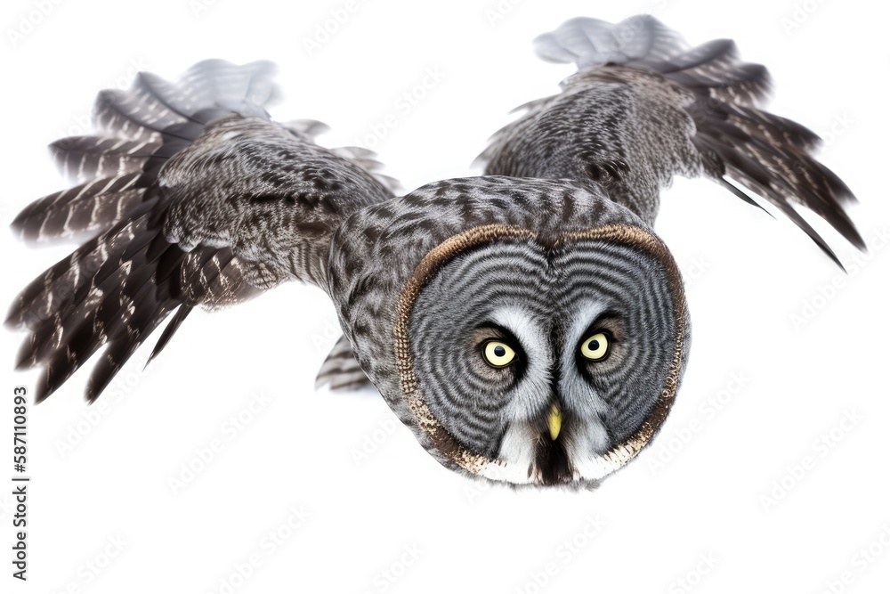 Wall mural Great Grey Owl (Strix nebulosa) in flight captured brilliantly. Generative AI