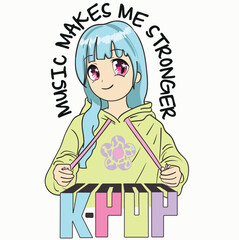 girl with music slogan. vector graphic design for t-shirt. Cute girl drawing.