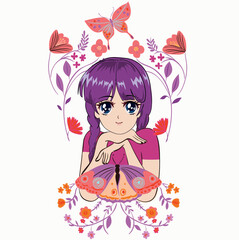 Anime Girl illustration. Vector graphic design for t-shirt. Beautiful girl drawing. Spring time with flowers.