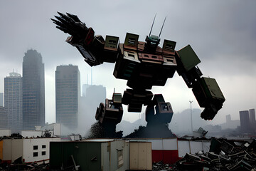 A giant robot tears a city apart.