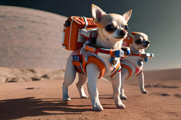 Two chihuahuas dare to explore a new planet.