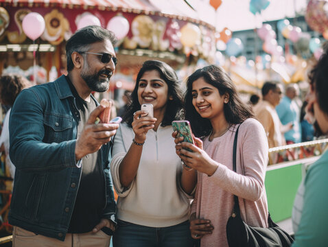A South Asian Family on their Phones at a County Fair | Generative AI