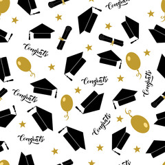 Funny graduation seamless pattern. Caps thrown up. Grad ceremony backdrop. Vector template for fabric, textile, wallpaper, wrapping paper, etc.