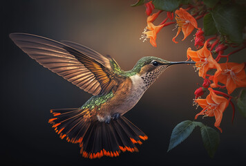 Obraz premium Hummingbird in Flight Feeds on Tropical Flowers. AI generated Illustration.