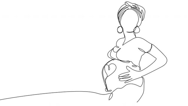 Self-drawing a pregnant woman in a headscarf holds her belly in one line on a white screen. The concept of women's health and procreation. 4k new life whiteboard with alpha channel. Stock video loop.
