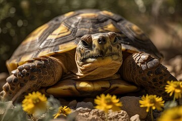 Naklejka premium radiant tortoise portrait, A lovely critter, Astrochelys radiata, sunbathes on the ground with his protective shell. Generative AI