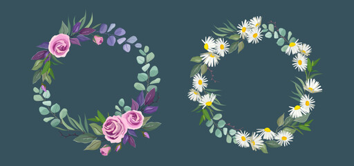Meadow flowers round wreaths. Roses and chamomiles. Beautiful botanical decor