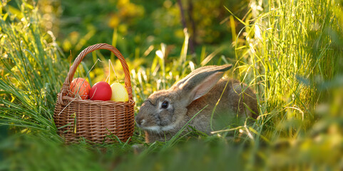 Easter bunny with a basket of eggs. Happy Easter Bunny on a card on their hind legs with flowers at...