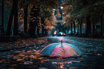 Rainy weather, autumn leaves blowing over the road, and a pink umbrella resting on the pavement during the twilight hours. Generative AI
