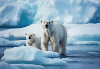 Obraz na płótnie Canvas Polar Bear with Her Cub on Ice . AI generated Illustration.