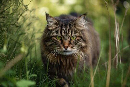On a summer day, a lovely, fluffy brown cat with stripes strolls through a field of lush grass. scanning the camera. Generative AI